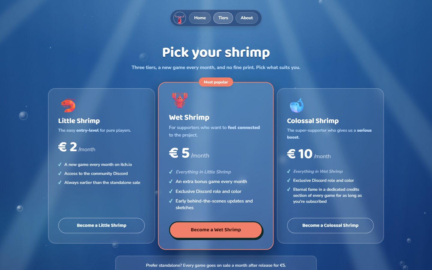 De tiers-pagina van Wet Shrimp met Little Shrimp, Wet Shrimp en Colossal Shrimp