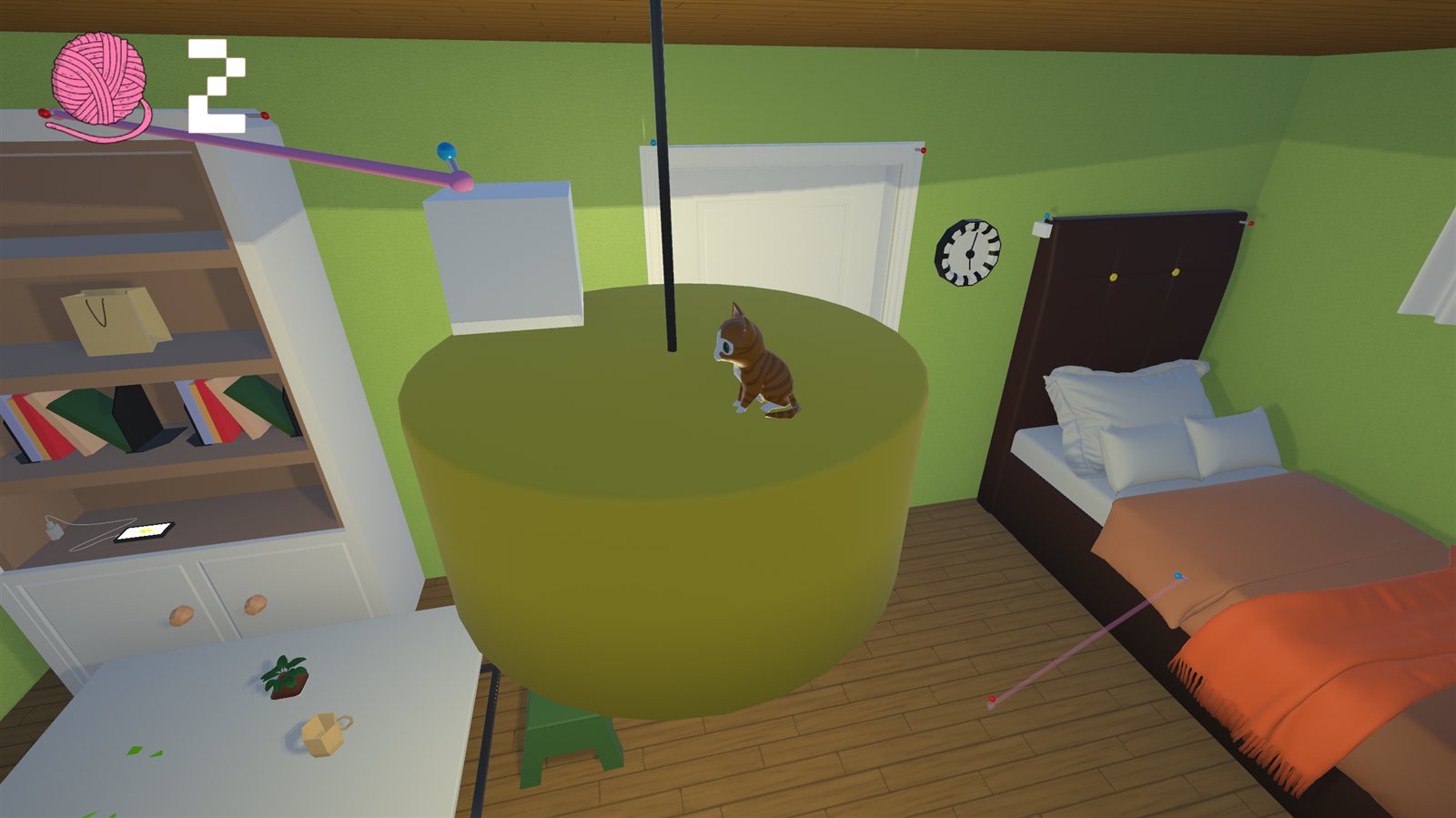 De kat in de 3D-kamer, met een pad van wol naar een kast
